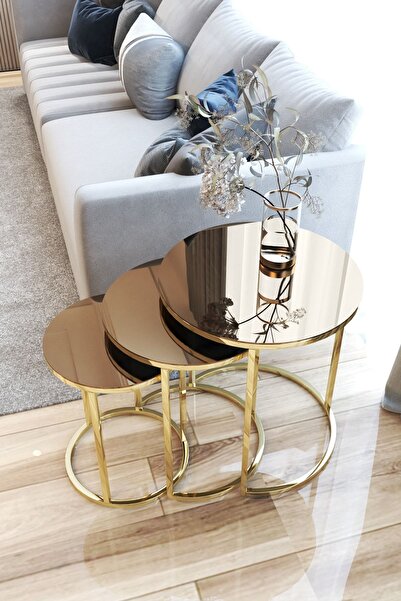 FAYMEND 3lü Lüx C Zigon Sehpa Gold Aynalı