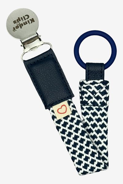 Kinder Clips Navy Blue Pacifier Hanger - Washable and Stainless Steel Clip - Algodon Weave Stainless Steel Clip O Ring