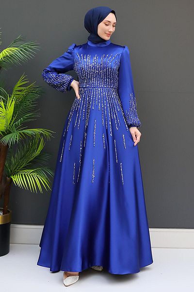 GİZ AGİYİM Βραδινό φόρεμα Saks Blue Aysu Stone με λεπτομέρεια Hijab