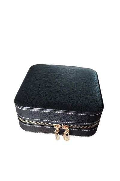 ÖZER KUTU Zippered Leather (Wooden Case) Medium Size Jewelry, Travel and Jewelry Bag, Box Black (15x15 Cm)