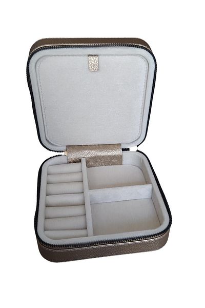 ÖZER KUTU Zippered Leather (Wooden Case) Medium Size Jewelry, Travel and Jewelry Bag, Box Gold (15x15 Cm)