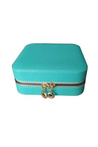 ÖZER KUTU Zippered Leather (With Wooden Case) Medium Jewelry, Travel And Jewelry Bag, Box Green (15x15 Cm)