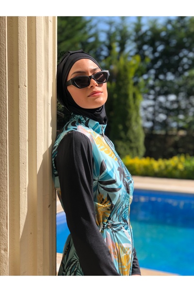 ALLMİRA FASHION 5-Piece Camellia Patterned Hijab Swimsuit Set - Black with Full Covered Bag