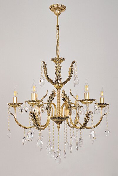 Avize çarşısı Merit 6 Kollu Yapraklı Kristal Taşlı Gold Avize Bs.0152-78-06