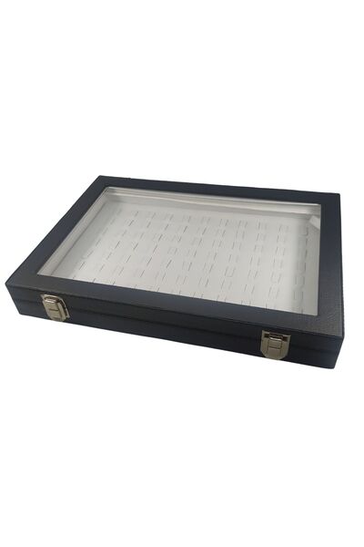 ÖZER KUTU Camlı Kapaklı Tırnaklı Yuzuk-takı Tablası Siyah Deri / Içi Beyaz ( ...