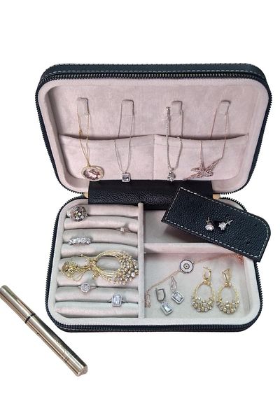 ÖZER KUTU Zippered Leather (With Wooden Case) Large Size Jewelry, Travel And Jewelry Bag, Box Black(14x21cm)