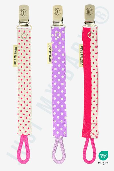 JMB Just My Baby 3-Piece Fuchsia/Lilac/Mixed Polka Dots Washable Cotton Pacifier Strap