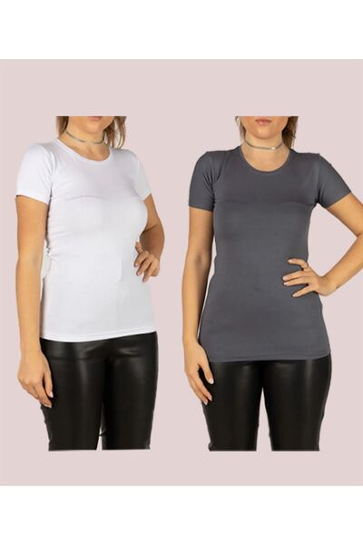 FATELLA Women's Short Sleeve Crew Neck Stretch Fabric Stretchy Bodysuit (2 Pieces)