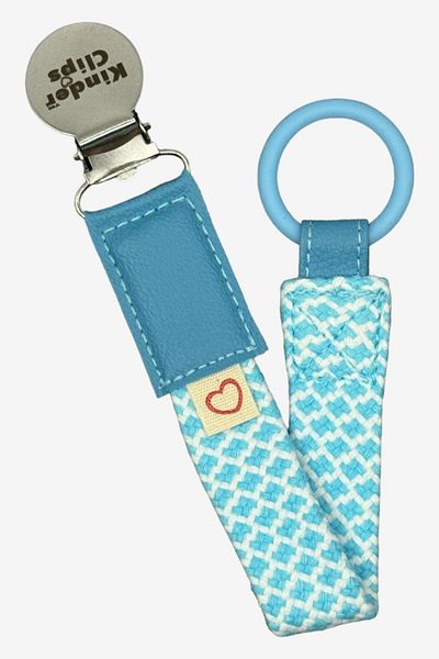 Kinder Clips Blue Pacifier Hanger - Washable and Stainless Steel Clip - Cotton Weave - Stainless Steel Clip - O Ring