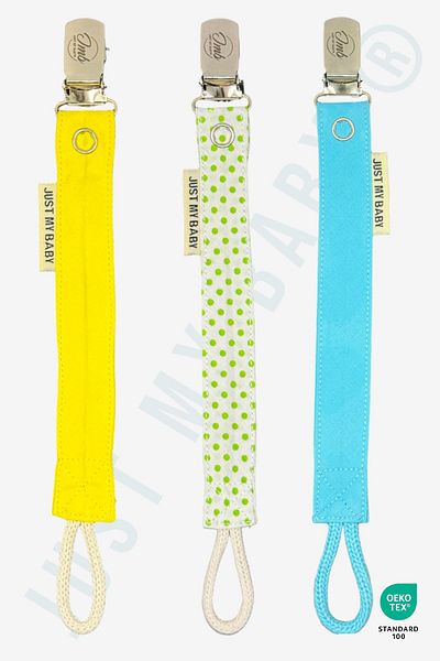 JMB Just My Baby 3-Piece Pacifier Holder - Yellow/Green/Turquoise - Mixed - Washable - Cotton
