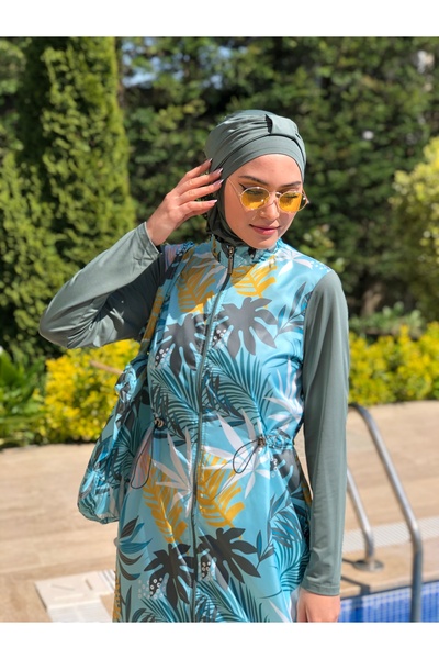 ALLMİRA FASHION 5-Piece Mint Color Camellia Patterned Hijab Swimsuit Set