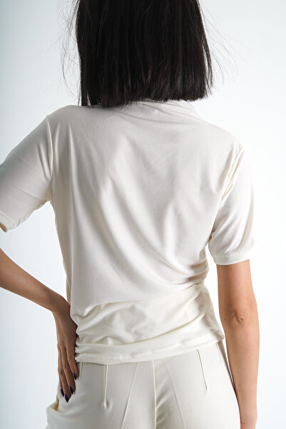 Moda Değirmeni Γυναικεία κοντομάνικη ντραπέ κρεμ μπλούζα - BG1193-324-0002