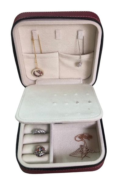 ÖZER KUTU Zippered Leather (Wooden Case) Medium Jewelry, Travel and Jewelry Bag, Box Claret Red (15x15 Cm)