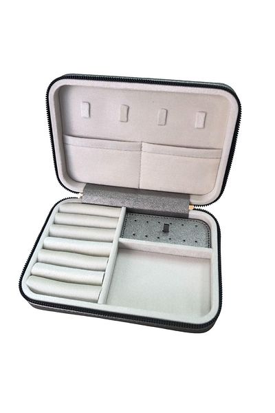 ÖZER KUTU Zippered Leather (With Wooden Case) Large Size Jewelry, Travel And Jewelry Bag, Silver 14x21 Cm)