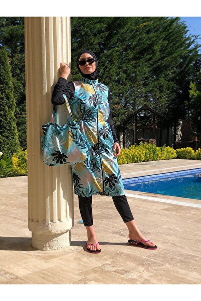 ALLMİRA FASHION 5-Piece Camellia Patterned Hijab Swimsuit Set - Black with Full Covered Bag