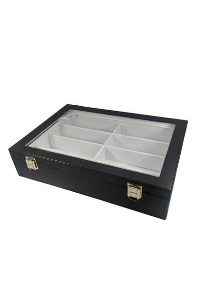 ÖZER KUTU Glass Lid 8 Compartment Glasses Box, Jewelry Box and Bag Black / White Leather Inside