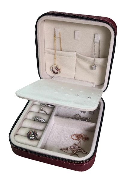 ÖZER KUTU Zippered Leather (Wooden Case) Medium Jewelry, Travel and Jewelry Bag, Box Claret Red (15x15 Cm)