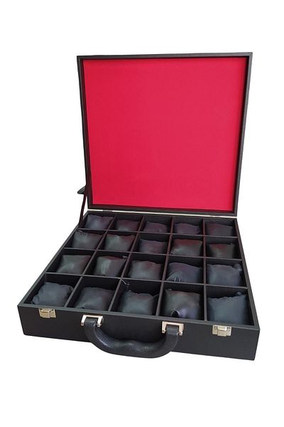 ÖZER KUTU Watch Bag 20 Pieces Black Leather Covered on Wooden Case with Carrying Handles