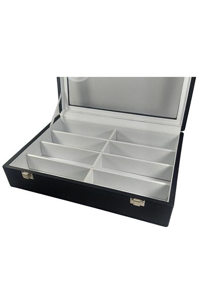 ÖZER KUTU Glass Lid 8 Compartment Glasses Box, Jewelry Box and Bag Black / White Leather Inside