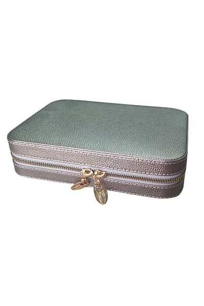 ÖZER KUTU Zippered Leather (With Wooden Case) Large Size Jewelry, Travel And Jewelry Bag, Anthracite(14x21 Cm)