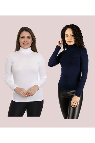 FATELLA Women's Long sleeve Turtleneck Turtleneck Stretch Fabric Jersey (2-Pack)