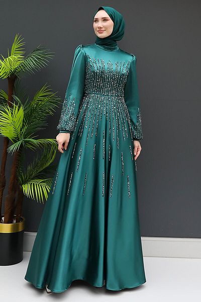 GİZ AGİYİM Emerald Aysu Stoned Hijab βραδινό φόρεμα