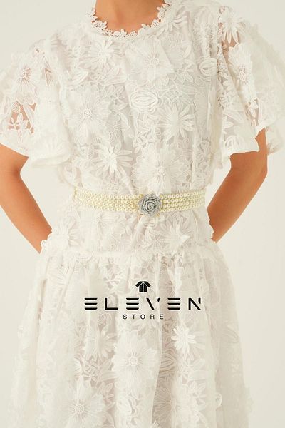 ELEVEN White Guipure Lace Detailed Women's Dress - Crew Neck, Short Sleeve