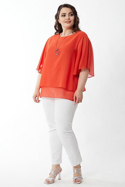 Moda Alba Plus Size Chiffon Blouse - Bat Sleeve and Necklace, ORANJ