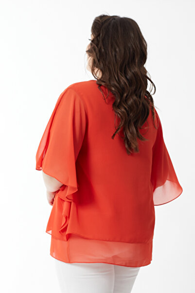 Moda Alba Μπλούζα σιφόν Plus Size - Νυχτερίδα μανίκι και κολιέ, ΠΟΡΤΟΚΑΛΙ