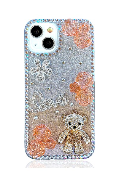 OSG İPhone 15 Uyumlu Kılıf 3d Ayıcık Çiçek Figürlü Ve Taşlı Darbe Emici Koruy...