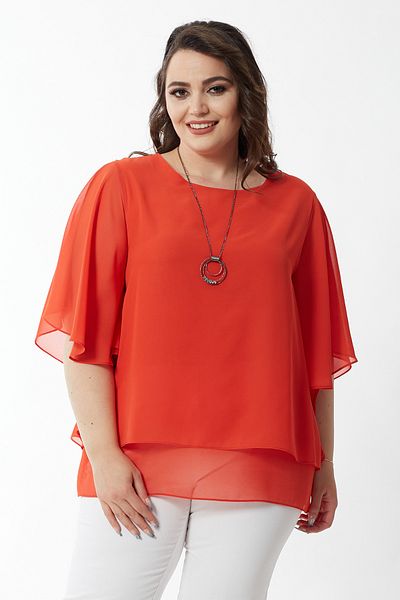 Moda Alba Plus Size Chiffon Blouse - Bat Sleeve and Necklace, ORANJ