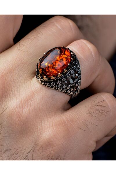 Prestige 925 Ayar Gümüş Erkek Yüzüğü Sıkma Kehribar Taşlı