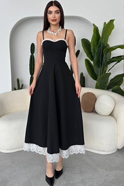 lovebox Degaje Collar and Guipure Detailed Black Midi Women's Evening Dress - Atlas Fabric 262