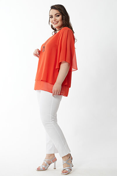 Moda Alba Μπλούζα σιφόν Plus Size - Νυχτερίδα μανίκι και κολιέ, ΠΟΡΤΟΚΑΛΙ