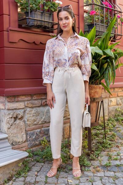 HARMONY GLOBAL Pantaloni de jogger din in pentru femei, cu talie înaltă, de culoare piatră, 4000
