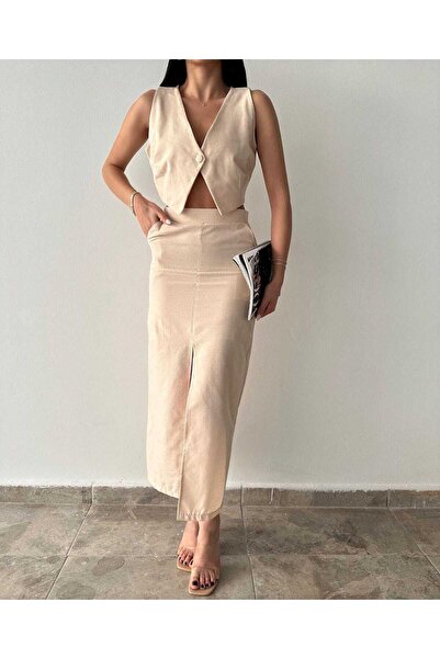 BelezaStore Λινό κοστούμι - ΚΡΕΜ Χρώμα, 100% βαμβάκι, γιλέκο με κουμπιά και φ...