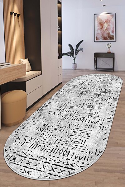 Lavita Home Machine Washable Non-Slip Base Stain Resistant Oval Runner Gray Cutting Runner for Home Decoration
