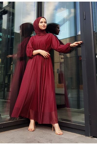 AFENİA GİYİM Silvery Salmon Hijab Evening Dress with Waist Belt