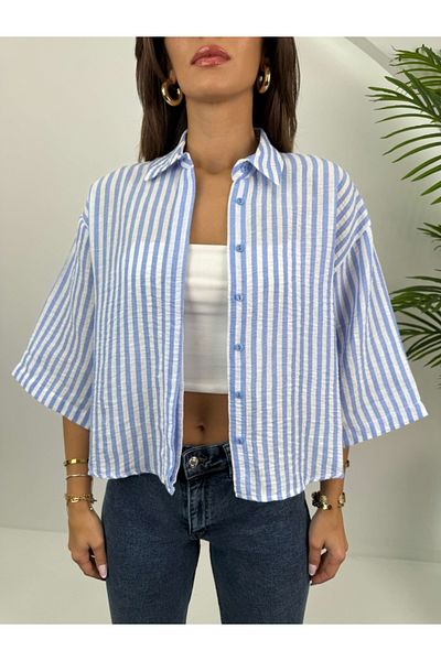 Elif Özbey Butik Cămașă casual din in - Design cu dungi albastre