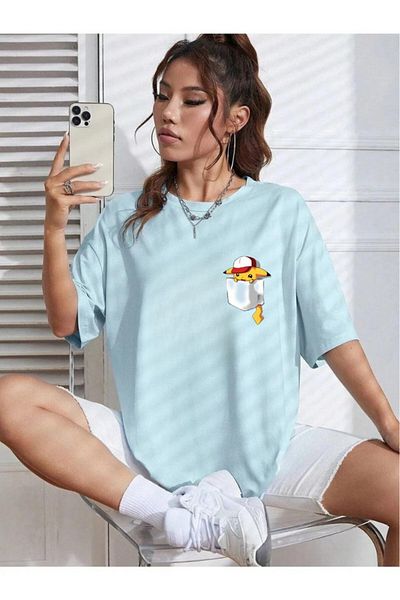 Evomind 1 T-Shirt for Purchases of 5 or More in Cart - Unisex Pocket Design Pikachu Printed Oversize T-Shirt