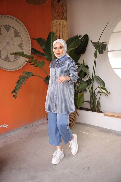 asyadabutik Striped Shirt Trousers Satin Double Set