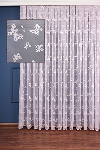 Perdelit Pembe Kelebek Genç Ile Çocuk Odası Örme Tül Perde Ütü Istemez (1/2.5 Normal Pile)