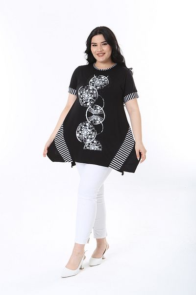 XL Modam Large Size Viscose Striped and Stone Printed Black Tunic