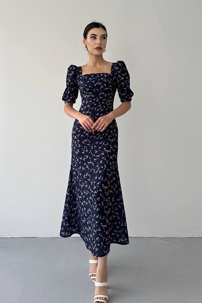 WOMAN VISION Rochie midi de damă cu imprimeu floral creponat cu decolteu pătrat cu mâneci prințesă 226