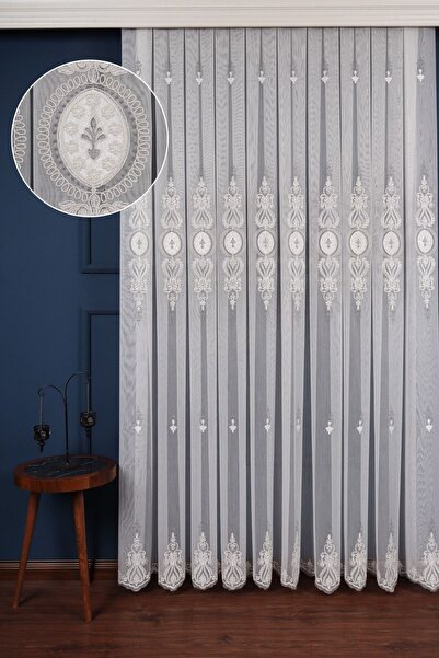 Perdelit Avangart Ekru-gri Nakış Işlemeli Tül Perde (1\3 Sık Pile)