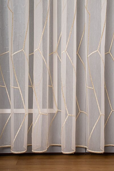 Perdelit Geometi Nakış Işlemeli Tül Perde Ekru - Altın Simli ( 1/3 Sık Pile )