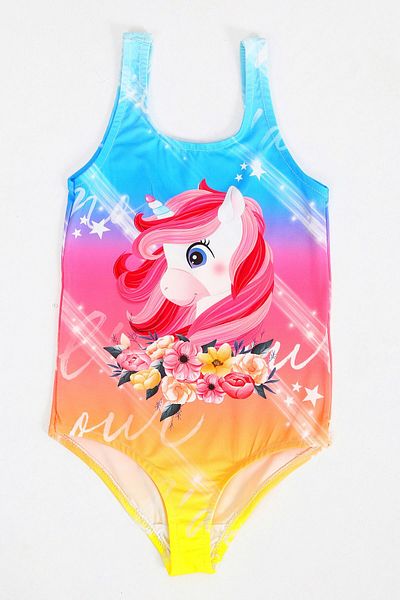 FırsatYeri Colorful Floral Unicorn Girls' Swimsuit Sea Bikini Quick Dry Flexible Comfortable Fit 2-11 Years