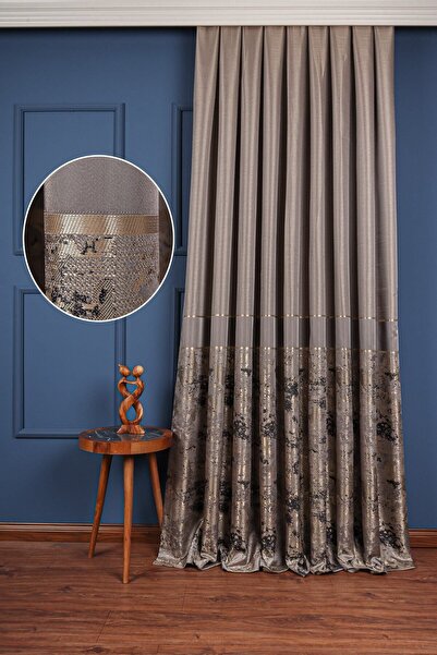 Perdelit Gri Gold Siyah Pano Fon Perde 1 Takım 2 Adet (1/3 Sık Pile)