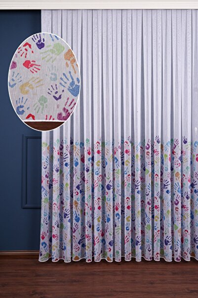 Perdelit Renkli Boyalı Eller Desenli Baskılı Tül Perde (1/3 Sık Pile)