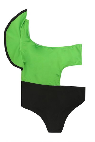 Papiş Green and Black Colored Girl's Swimsuit - Ruffle Sleeve and Detailed Bikini